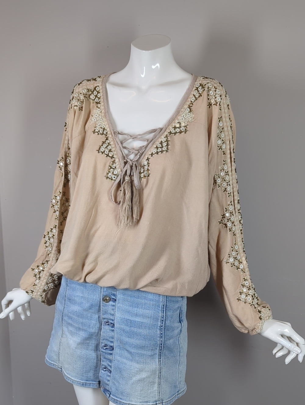Miss June Boho Lace-Up Embroidered Peasant Top - Beige One Size